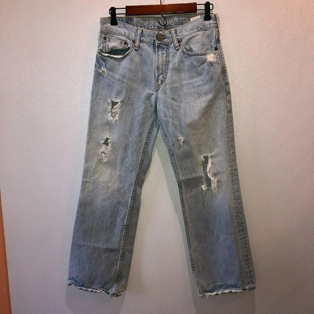 American Eagle Mens Size 28 x 28 Light Wash Blue Distressed Bootcut Denim Jeans